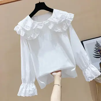 2023 Нова Бяла риза с дъното в западен стил, Есенни блузи за момичета, Лейси риза с яка 