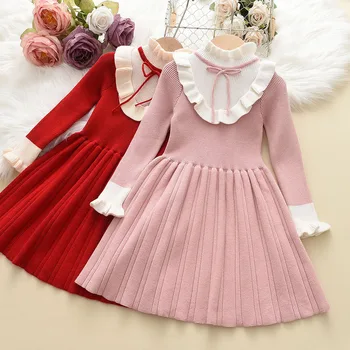 2023, Ново Сладко вязаное рокля на Принцеса за момиченца, комплект дрехи за деца, детско есен ежедневното Модно палто с лък + пола