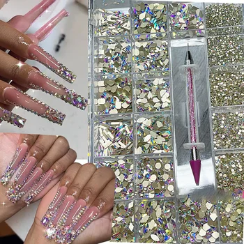 3100 бр. Луксозни кристали за дизайн на ноктите с кристали AB, блестящи диаманти, Комплект бижута от кристали, разноцветни кристали за нокти с фиксирана облегалка, скъпоценен камък