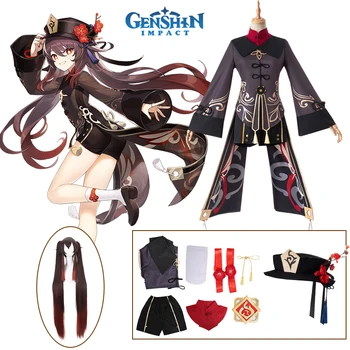 Genshin Impact Hu Tao Cosplay костюм Хутао дрехи в китайски стил, униформи, Перука, аниме игра, костюми за Хелоуин, за жени и момичета
