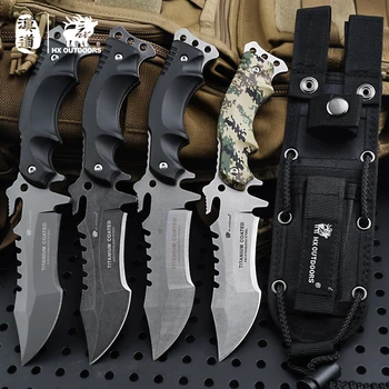 HX ОТКРИТО TRIDENT Нож за оцеляване, Армейски ловен 58HRC, прави ножове с пълна кръстопът, необходим инструмент за самозащита, улични инструменти