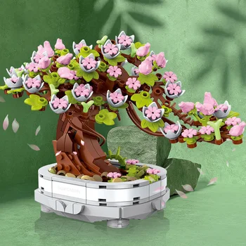 MOC DIY Мини Безсмъртни Цветя, Череши, Сочни Растения В Саксии градивните елементи на Един Бонсай Хол Романтични Играчки За Украса