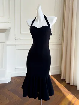 YIGELILA, една модерна женствена черна рокля на Русалка, елегантна рокля с отворен гръб, на Империята, на малка, средна дължина, вязаное 67858