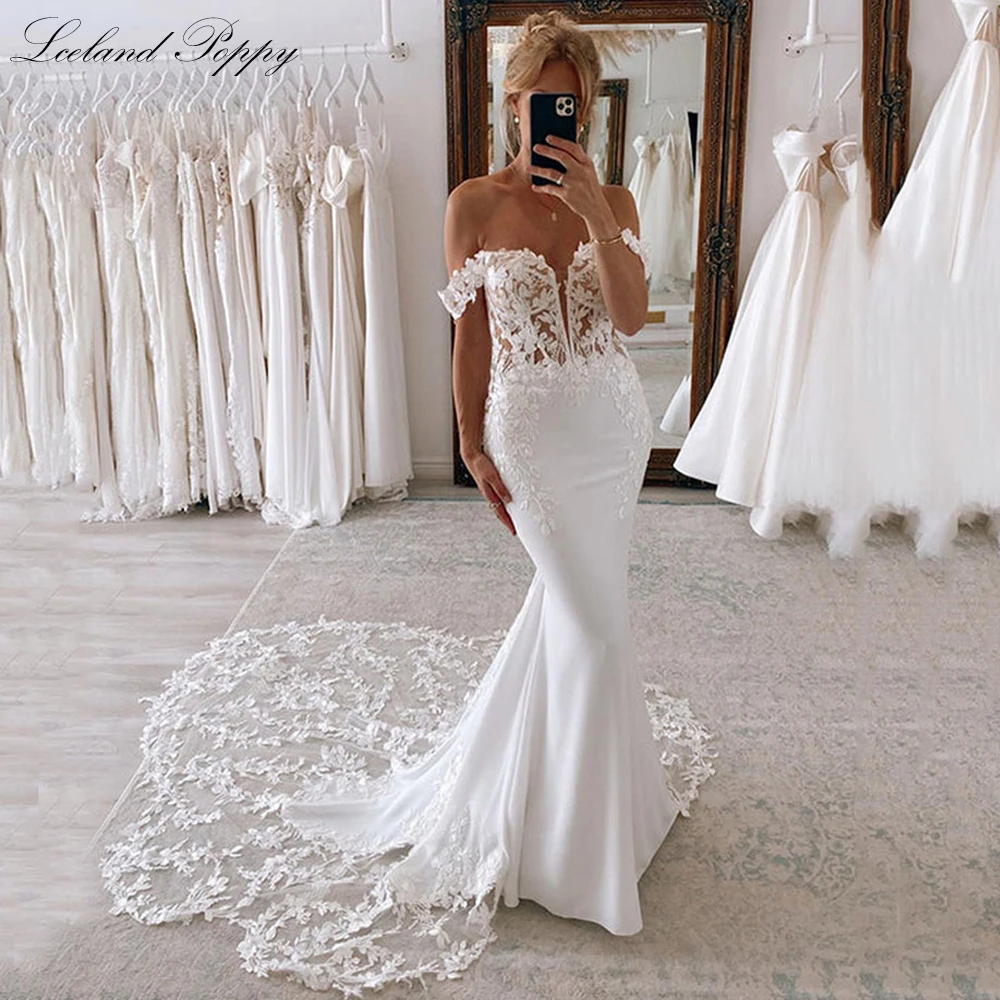Lceland Poppy Illusion Дантелени сватбени рокли на Русалка с открити рамене, апликации, сватбени рокли с влак0