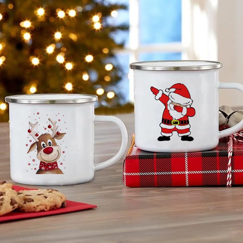 Емайлирани чаши с принтом Елен на Дядо коледа, Коледно парти, Вино, Чай, Бира, Чаша за мляко, сок, Креативна посуда за напитки, чаши за Кафе, чаша с дръжка, Коледен подарък0