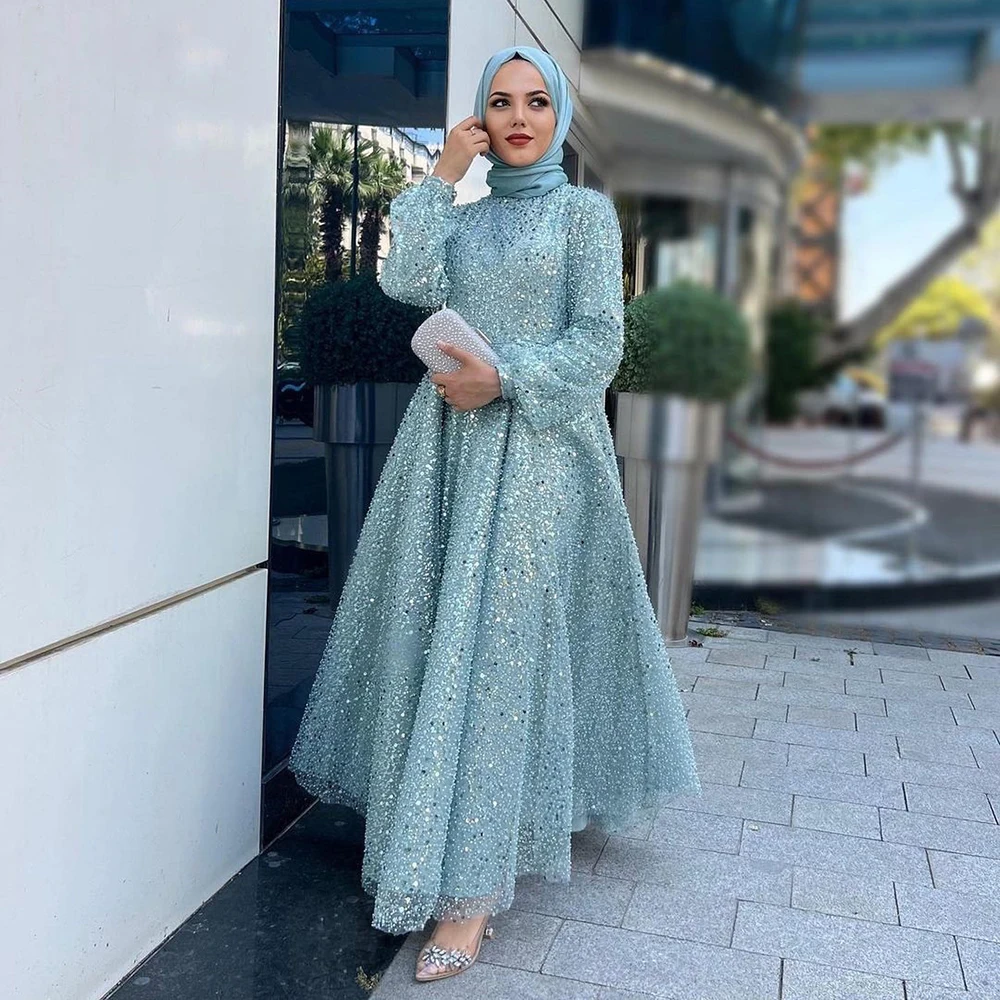 Реколта мюсюлмански рокли за абитуриентски бал с пайети и кръгло деколте, Дълъг ръкав, Трапециевидное вечерна рокля с дължина до щиколоток, Арабски Дубай, Официална рокля0