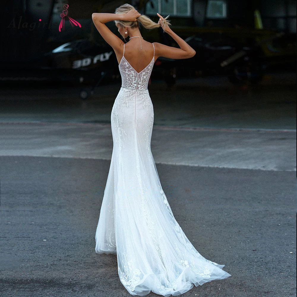 Булчинската рокля за спагети презрамки 2023, Дантелено Сватбена рокля Русалка слонова кост, Рокли на знаменитости с влак, с Бяла рокля на поръчка е Нова мода1
