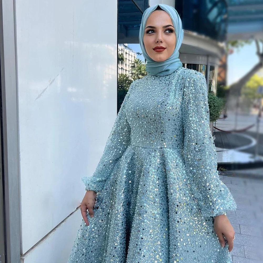 Реколта мюсюлмански рокли за абитуриентски бал с пайети и кръгло деколте, Дълъг ръкав, Трапециевидное вечерна рокля с дължина до щиколоток, Арабски Дубай, Официална рокля1