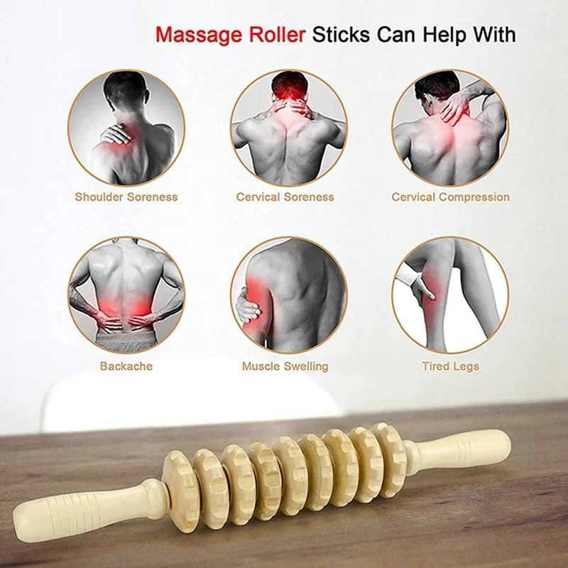 Дървен Масажор с 12 Ролки, Извити Ролкови пръчици за упражнения, инструменти за масаж на Цялото тяло, инструменти за лечение на болки в мускулите3