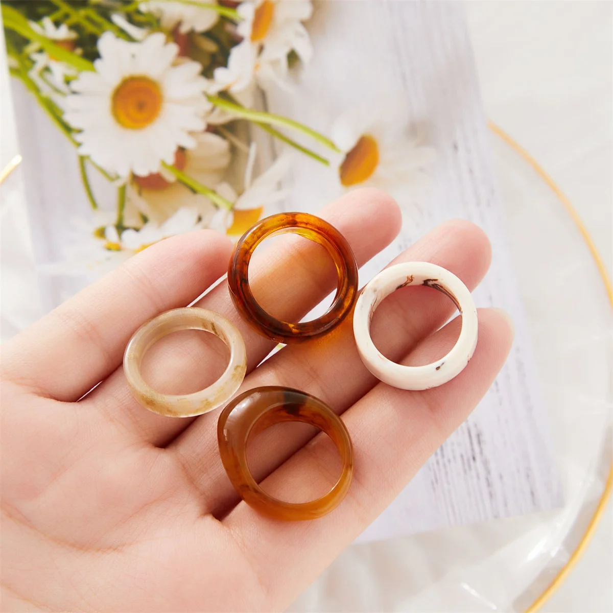 Модерен цветен комплект пръстени от прозрачна смола и акрил, Корейски геометрични пръстени на палеца за жени, момичета, украса за партита, бижута3