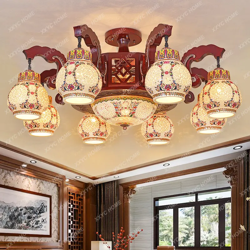 Тавана лампа от масивно дърво, китайски стил, Антични керамични лампа в хола, Дървени полилей за спални вила в хотела3