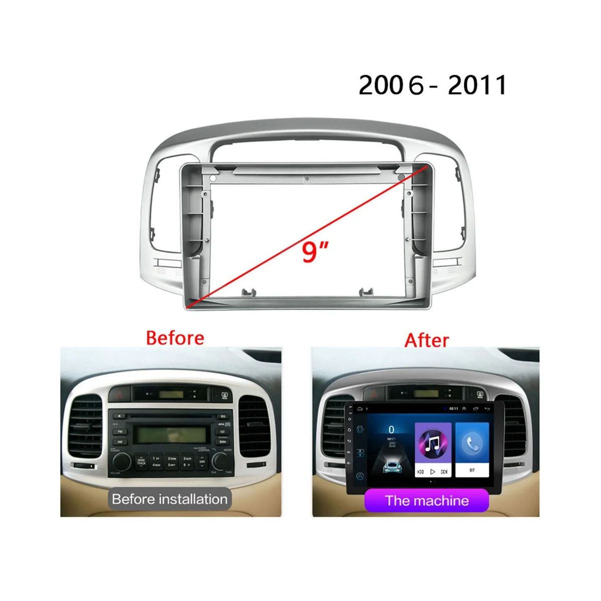 9-Инчовата рамка на арматурното табло на автомобила на 2 Din, радио, панел DVD-адаптер, MP5 плейър с кабел за Hyundai Accent 2006-20114