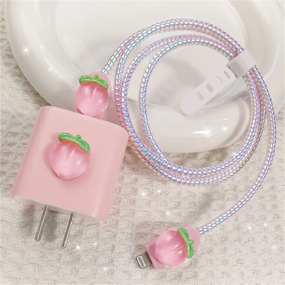 Сладък 3D розово Прасковен кабел за защита на кабел за предаване на данни, спирален кабел от TPU, зарядно устройство, кабел за пренос на данни, защитен калъф за зарядно устройство Apple 18W 20W4
