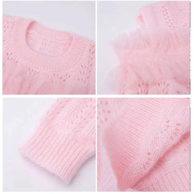 Модерен вязаный пуловер за момичета 2023, Пролет-есен Нова детски пуловер с открити рамене, дантелен топ5