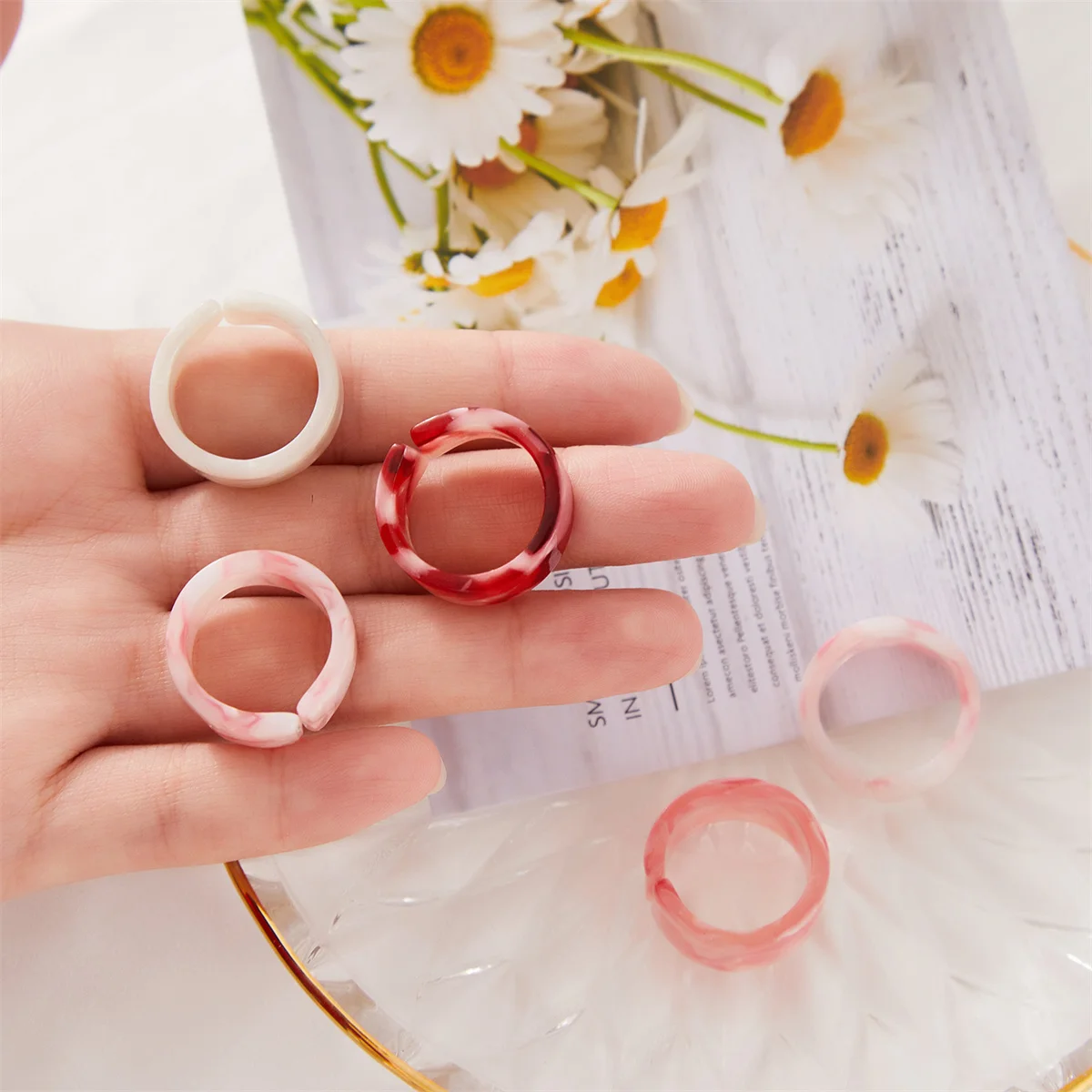 Модерен цветен комплект пръстени от прозрачна смола и акрил, Корейски геометрични пръстени на палеца за жени, момичета, украса за партита, бижута5