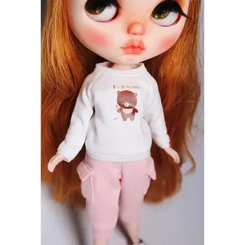 Бял памучен hoody-пуловер с дълъг ръкав за кукла Blythe 12 инча