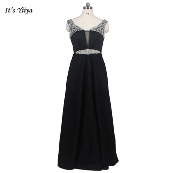 Вечерна рокля в черен цвят с V-образно деколте, расшитое от блестящи кристали, без ръкави, с Размер 10, Дължина до пода, Дамски официални рокли E072