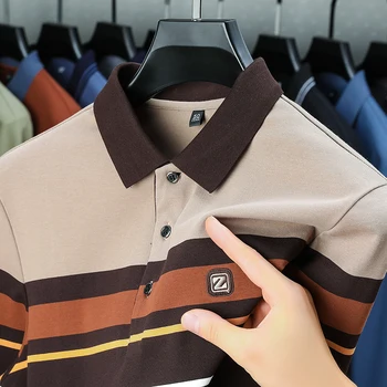 Висококачествена марка раирана риза поло с дълги ръкави и изящни бродерии, есенна мода мъжка тениска с ревера, всекидневни топ против бръчки