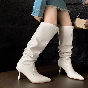 Дамски обувки 2023, Висококачествени дамски ботуши с цип, Модни обикновен дамски ботуши до коляното на висок ток с остър пръсти, за офис и кариера