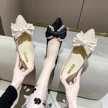 Дамски обувки на плоска подметка с перлата на нос и остри пръсти, лято 2023, Пролет-есен, Нова ежедневни дамски обувки на квадратен ток с малките си пръсти
