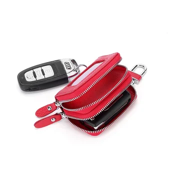 Двупластова чантата за ключовете от колата от мека естествена кожа с цип, многофункционална чанта за ключовете от колата на първия слой от телешка кожа