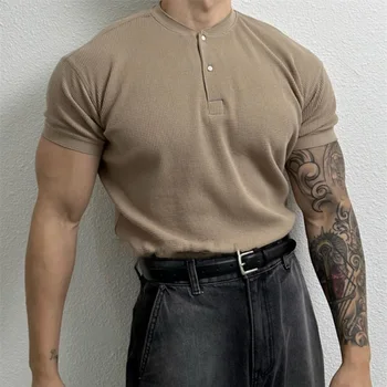 Ежедневна Тениска голям размер с къс ръкав, Мъжки Свободни блузи в стил Харадзюку, Лятна Новост, Високо качество Обтягивающий Пуловер с вафельным яка Хенли