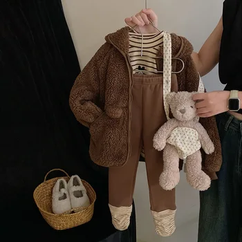 Комплект детски дрехи в Корейски стил 2023, Есенно-зимния ново палто от вълна от овце, за момчета и момичета, Дебели топла жилетка с качулка и кожа