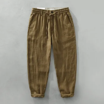 Летни тънки ленени панталони в ретро стил за мъже в китайски стил, цветни панталони Свободно намаляване на Harlan, удобни ежедневни панталони
