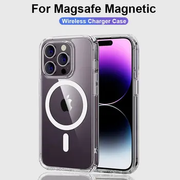 Магнитно Безжично Зарядно Устройство, Калъф За Телефон Magsafe За iPhone 11 12 13 14 Pro Max Mini XS XR 8 7 Plus Прозрачен устойчив на удари Бронирана чанта за Носене
