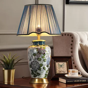 Медни настолна лампа, нощна лампа, керамична лампа Цзиндэчжэнь, луксозни настолни лампи за дневна, обзаведени спални, led крушки