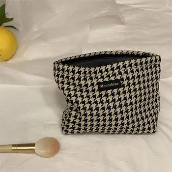 Модерна чанта в клетка с принтом, черна женска косметичка джоб, чанта за съхранение с голям капацитет, Малки преносими чанта, портфейл за пътуване