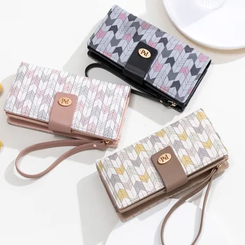 нов дамски дълъг портфейл, мултифункционален портфейл, чанта за карти, вградена чанта и модерна чанта от изкуствена кожа