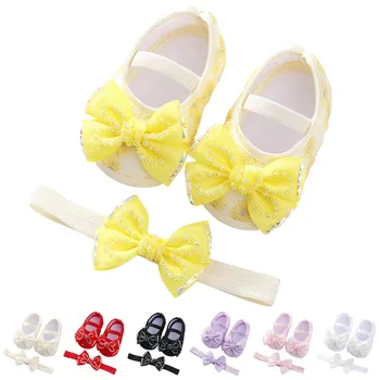 Обувки За новородено, Меки обувки за разходка за младите момичета, Обувки за Кръщение, Проходилки за деца, Обувки Принцеса с лък, Zapatillas + Превръзка на главата