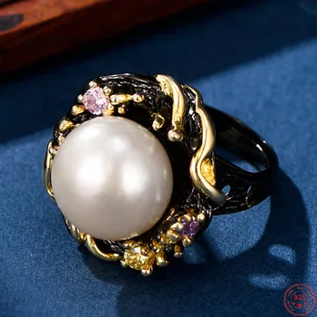 Оригинални пръстени от сребро S925 Проба за жени, една Нова мода, сладководни перли, Микроинструмент, Циркон, Реколта цветя, подаръци, бижута