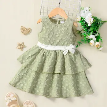 От 1 до 6 години За малки момичета, Новата пролетно-лятна однотонное Принцеса рокля без ръкави с волани и цветя, зелена красиви дрехи за момичета