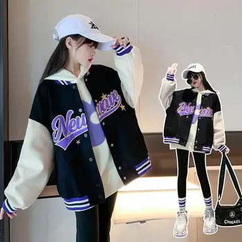 От 4 до 14 години 2023, Бейсбольное палта за момичета, яке с буквенными бутони за момичета, Нова есенна дрехи за момичета в корейски стил, детски връхни облекла