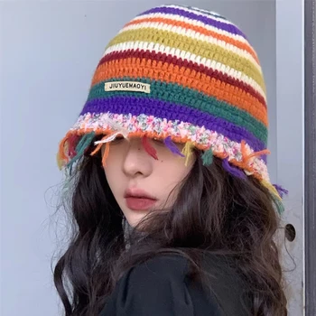 През есента и зимата кофа Y2k шапки за жени корейски ретро-ръчно изработени на една кука шапки цветна лента в контрастен цвят вязаная мъжка шапка