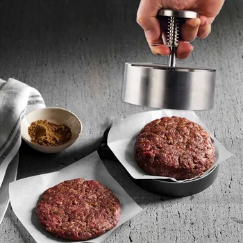 Преса за хамбургери, устройство за приготвяне на бургери за бургери, Ръчно натиснете форма за печене, инструмент за месо за готвене от неръждаема стомана 304, Chop на свинско и говеждо месо