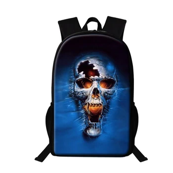 Раница със синя печат 3D Черепи, 16-инчов училищна чанта за тийнейджъри, Стръмни мъжки раница, Детски пътни чанти за книги, детски ученически раници