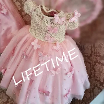 Розова рокля трапецовидна форма за по-малките момичета на рожден Ден с кръгло деколте, диференцирани пищни празнична рокля от детска тъкан на Първия рожден ден за момичета