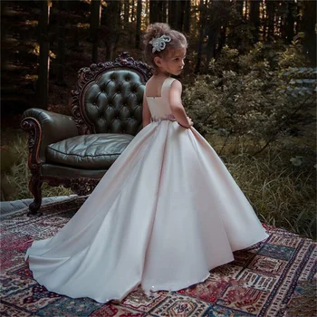 Сватбена рокля с бродерия за момичета в цветенце, Розово атласное Дантелено Елегантна детска рокля за Първо причастие, рожден Ден, абитуриентски бала