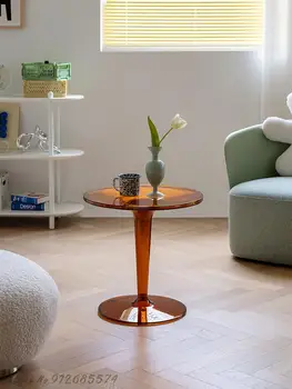 Скандинавски прозрачна масичка за кафе, домашен кръг с разтегателен диван, приставной маса, хол, модерна минималистичная малък апартамент, чист червен модерен кът