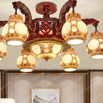 Тавана лампа от масивно дърво, китайски стил, Антични керамични лампа в хола, Дървени полилей за спални вила в хотела