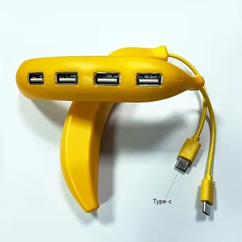 Хъб във формата на банан, предлага се в жълт и зелен цветове, с 4 порта USB и TypeC, идеален за свързване на компютър