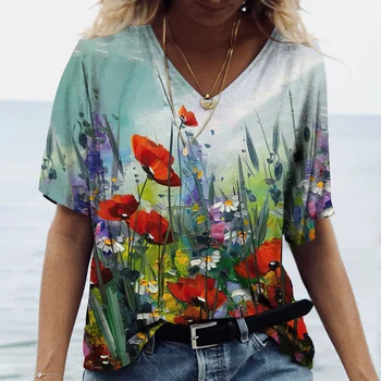Ярка дамска тениска с цветен модел, памук, с V-образно деколте, ежедневни блузи с къс ръкав оверсайз, дамска мода 2023, градинска облекло в стил харадзюку, тениски